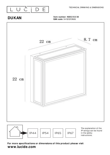 Lucide DUKAN - Plafonnière Buiten - 2xE27 - IP65 - Zwart - technisch